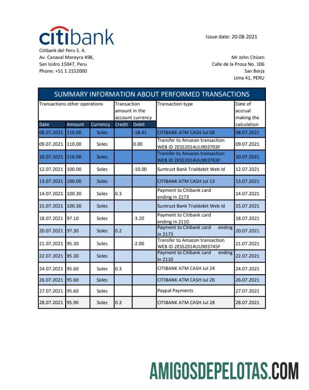Extrato bancário do Peru Citibank em branco modelo fácil de preencher em formato de arquivo .xls e .pdf